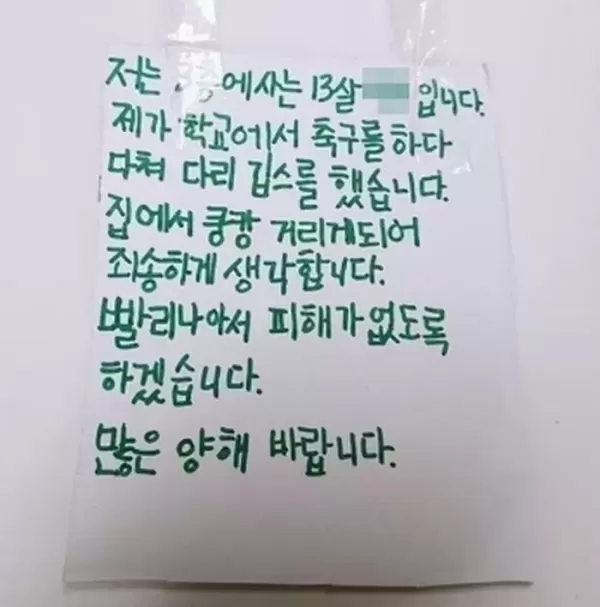 집에서 쿵쾅거려 죄송합니다... 13세 아이가 이웃들에게 남긴 사과 편지 (사진)